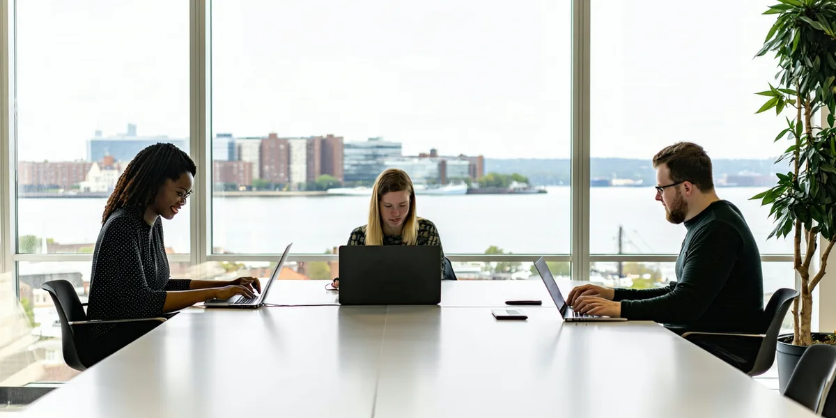 Small focused team working at laptops in a modern Boston office space